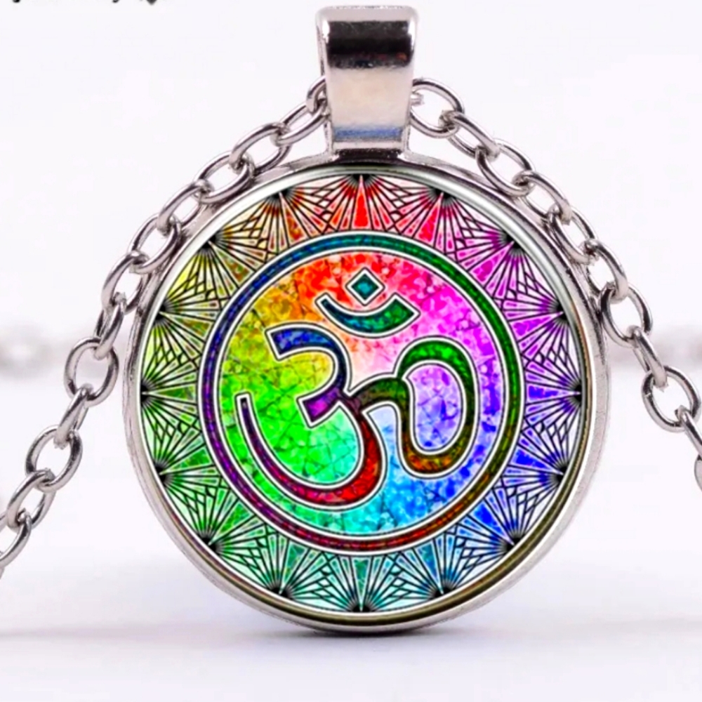 Meditation 7 Chakra Colors Mandala Art Glass Pendant Necklace